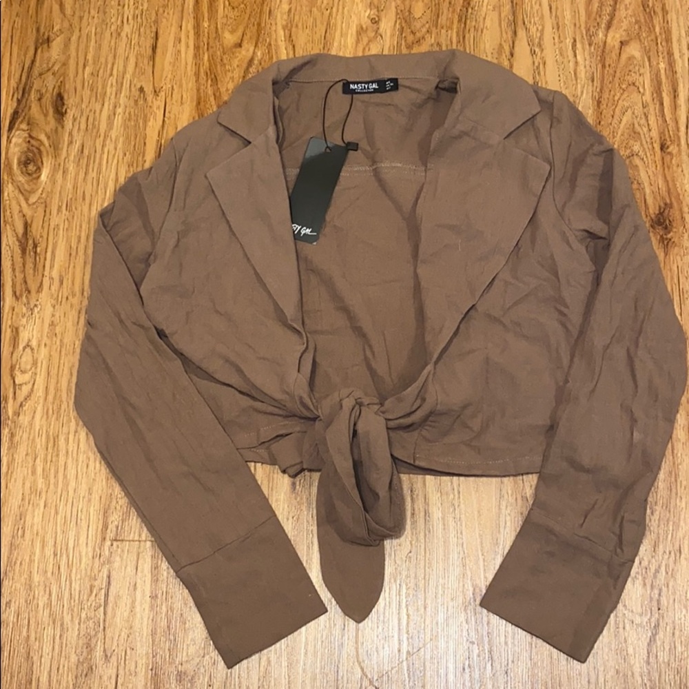 Nasty Gal tie front linen shirt Khaki